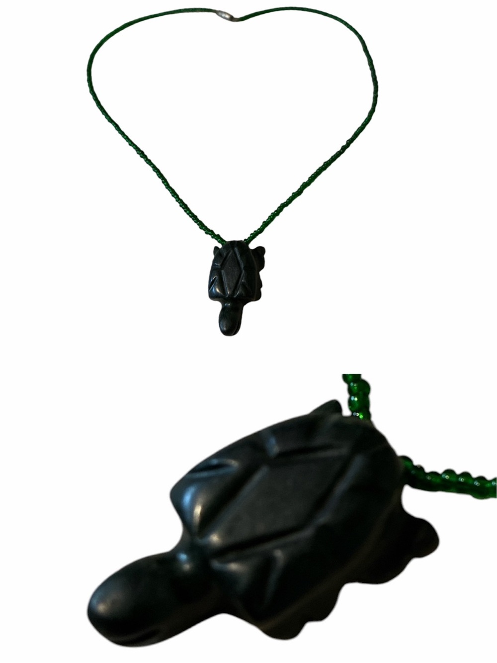 Handcrafted Carved Stone Turtle Pendant On A Green Glass Seed Bead Cord